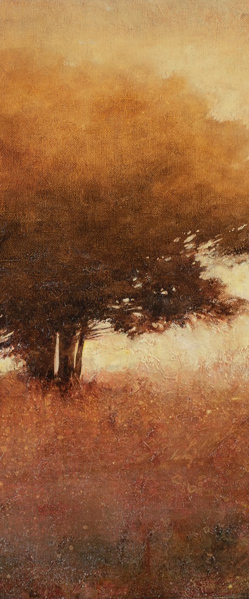 Misty Trees 221105, Tonal landscape and trees impressionist oil painting by Don Bishop