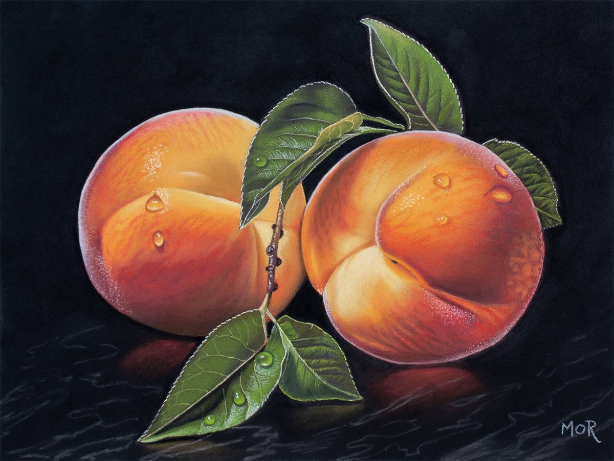 Photorealistic Still Life Pastel Drawing By Dietrich Moravec, 16 X 12, Peaches And Leaves, Original Artwork