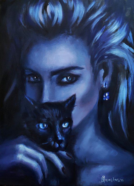 Woman Cat Navy blue Mystic Art