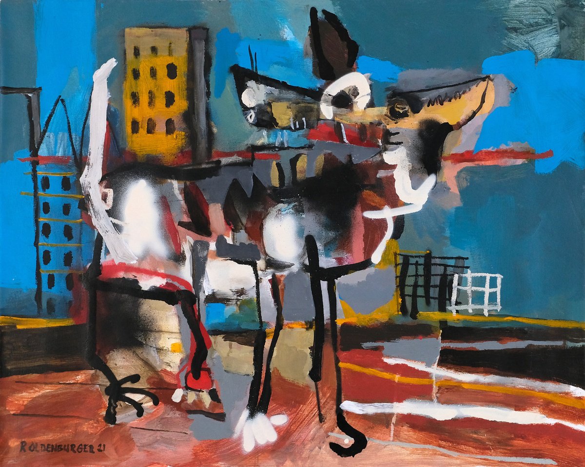 Expressive Animal Acrylic Painting By Reinder Oldenburger, 30 X 24", City Dog, Original Artwork