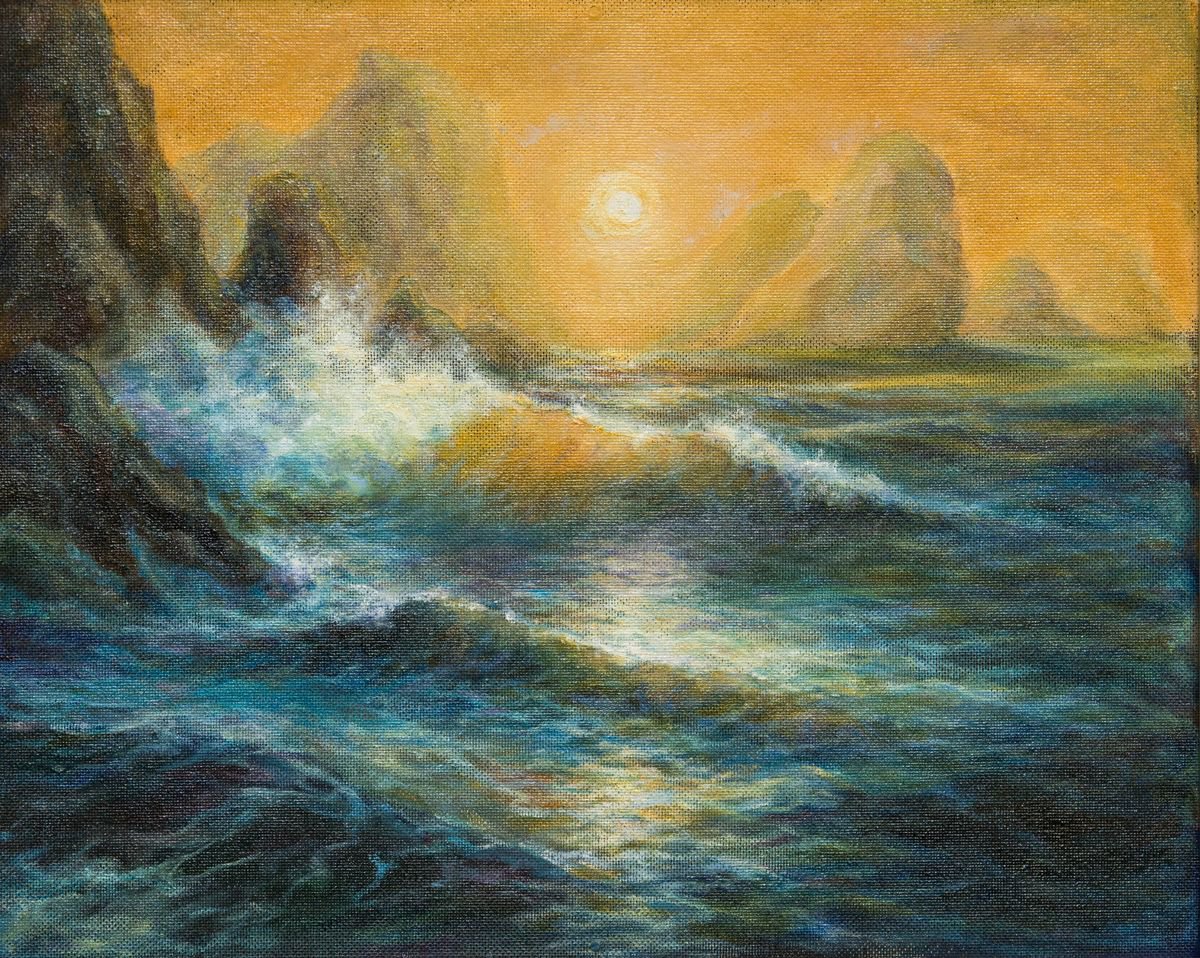 Impressionistic Landscape Oil Painting By Galyna Shevchencko, 24 X 20, Sea Sunset, Original Artwork