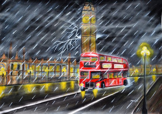 Red Bus in London night rain