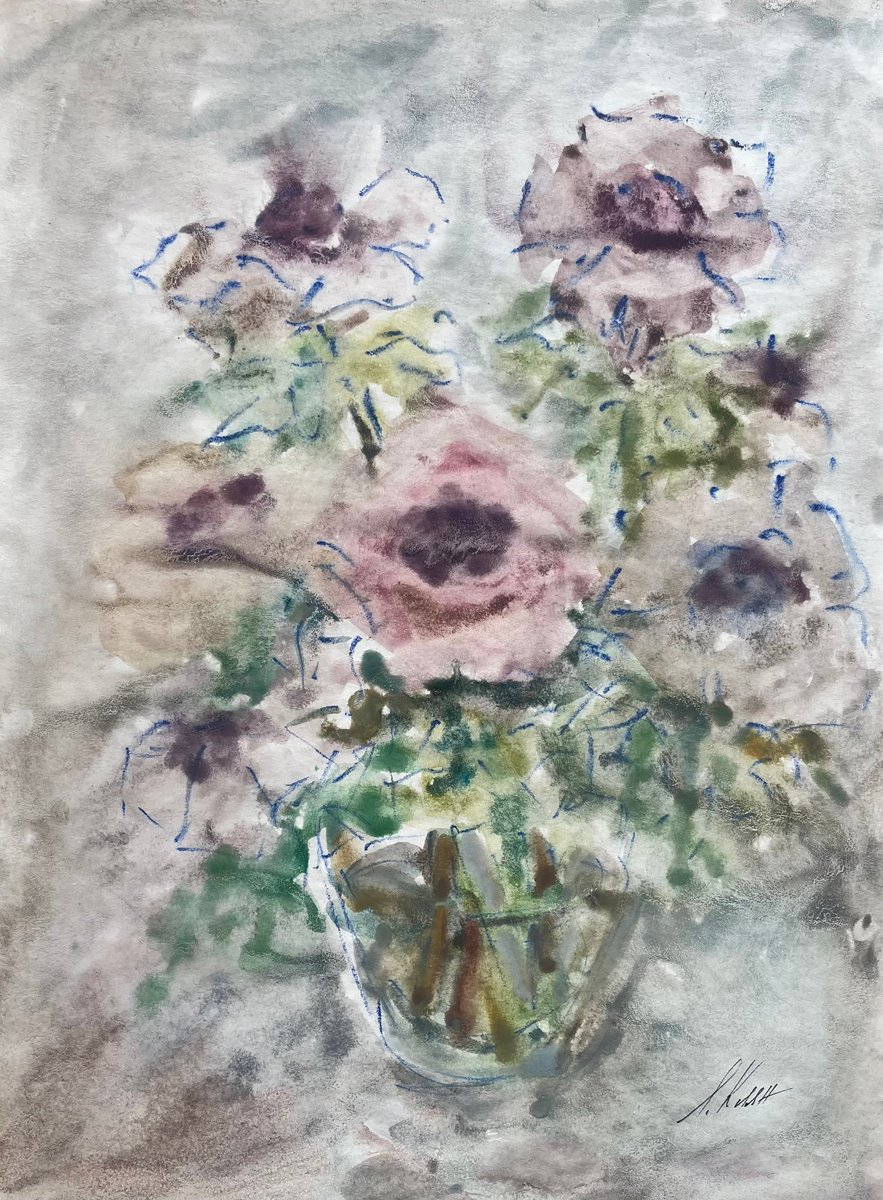 Impressionistic Still Life Watercolour By Elena Klyan, 12 X 16, Anemones 5, Original Artwork