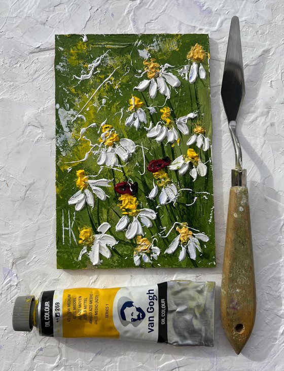 Daisy Painting Ladybug Original Art Chamomile Flowers Oil Impasto Artwork Floral Wall Art 4 by 6"