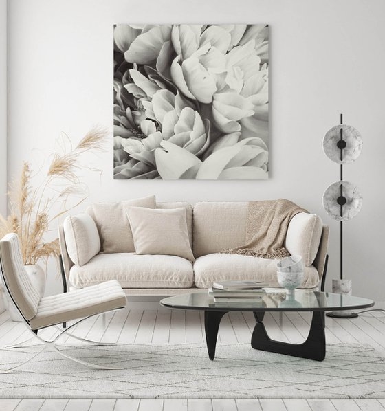 "Peonies bouquet"  White black flower oil art