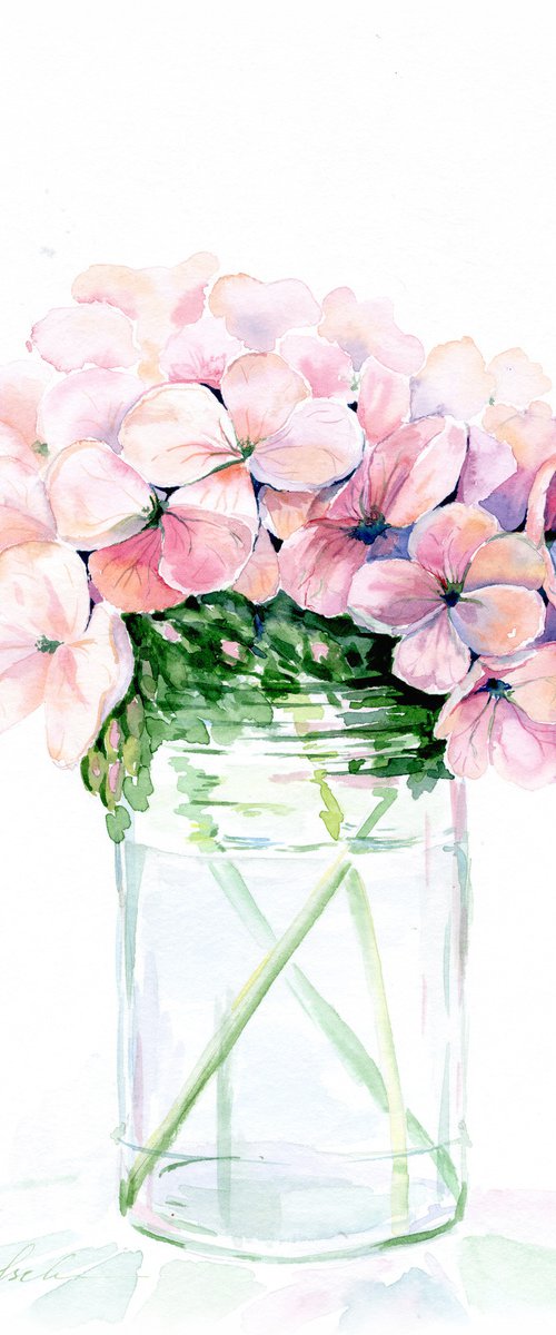 Pink Flowers in a Glass Jar by Olga Koelsch