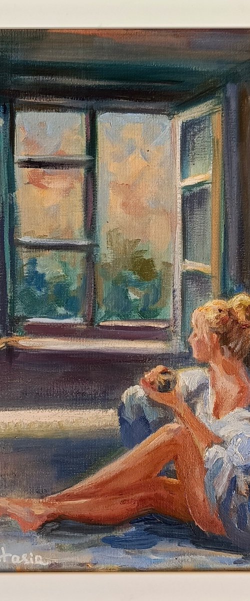 Oil painting Woman with a cup of tea near the window by Anastasia Art Line