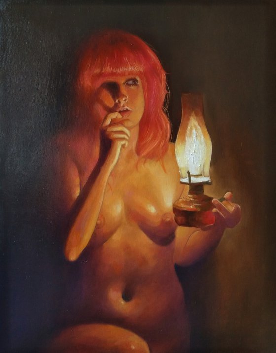 Searching in the dark places (50x64cm, oil/canvas, impressionistic figure)