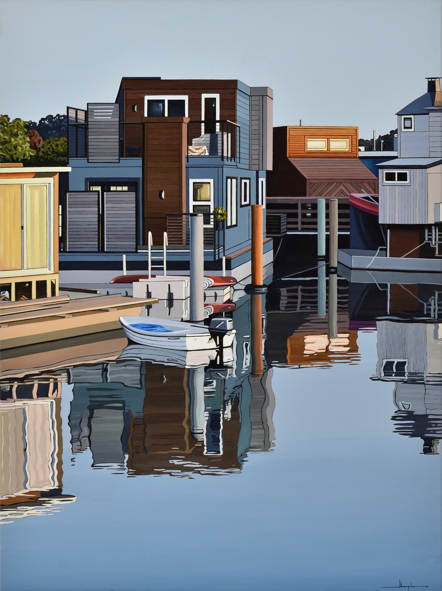 Photorealistic Landscape Acrylic Painting By Alex Nizovsky, 30 X 40, Issaquah Dock At Sunrise, Original Artwork