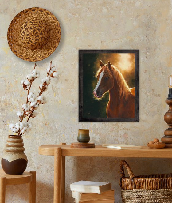 Brown horse portrait at sunset