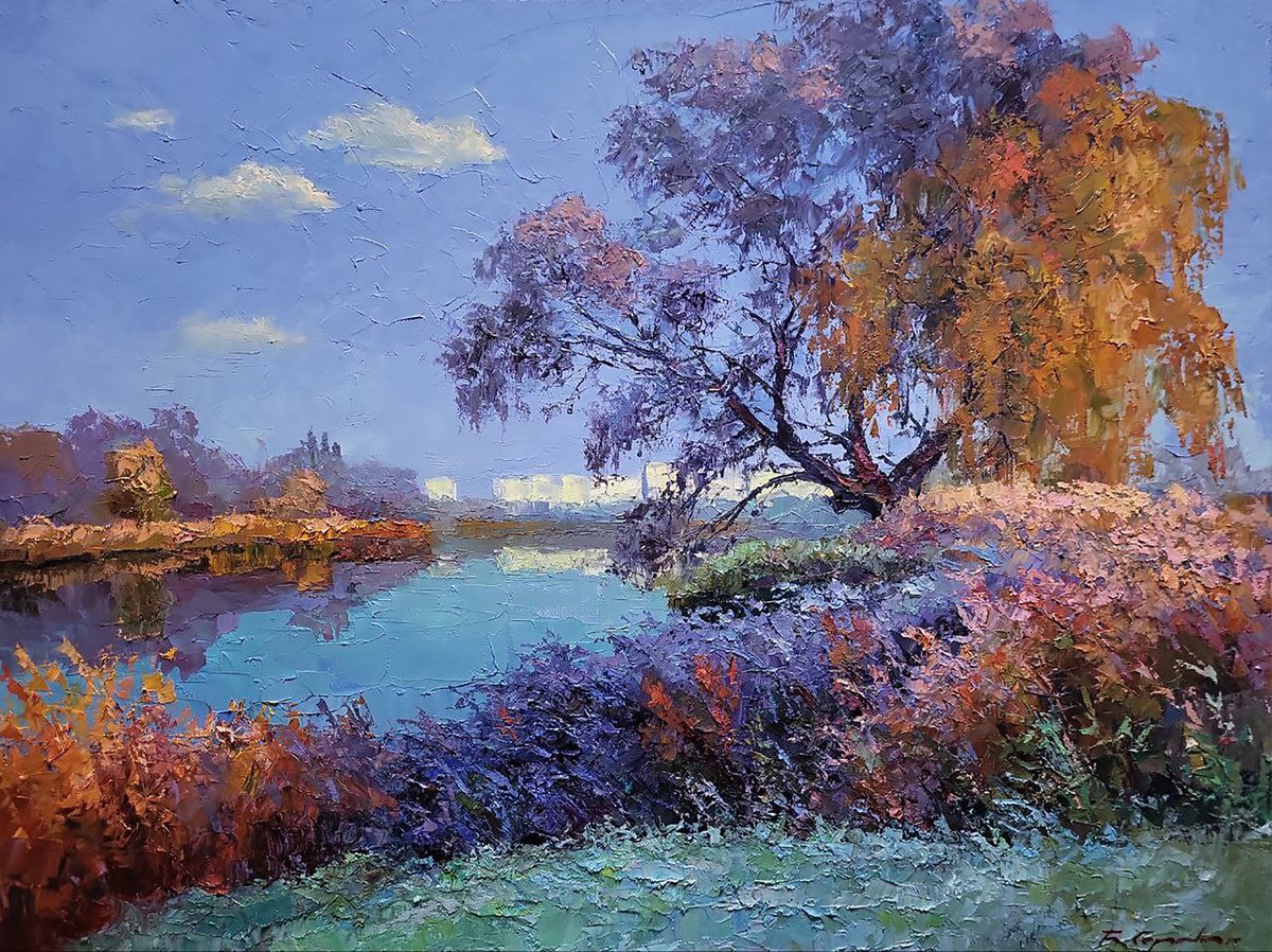 Impressionistic Landscape Oil Painting By Boris Serdyuk, 31 X 24, Slight Frost, Original Artwork