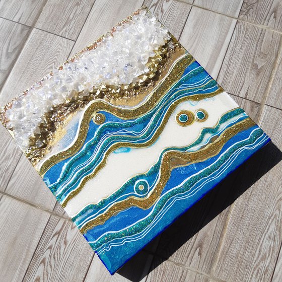 California. Geode. Marble Art. Geode wall art, Gold, White, Turquoise, Blue, geode wall art Resin painting.