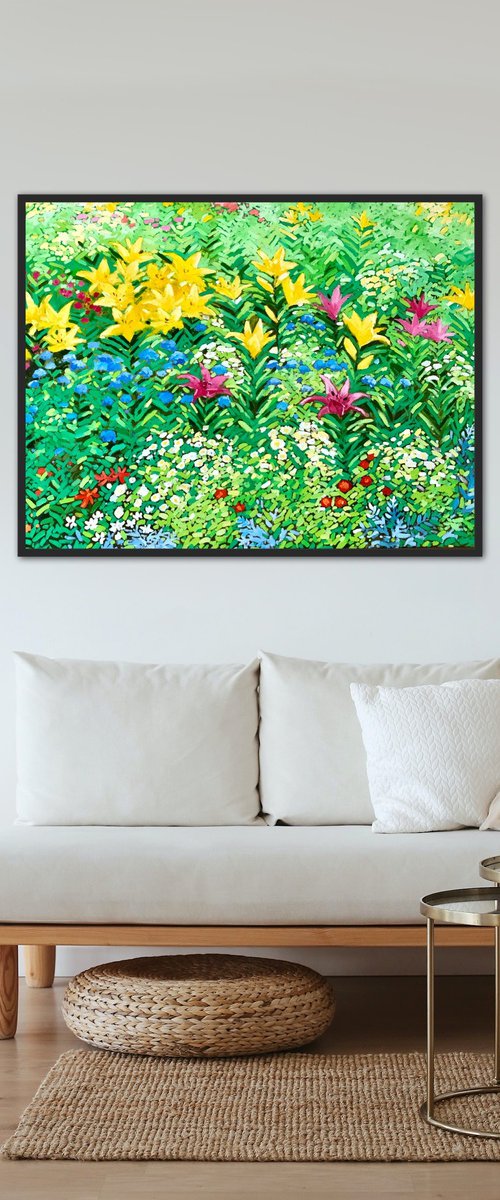Abstract flowers painting, summer garden wall art, Impressionism painting by Volodymyr Smoliak