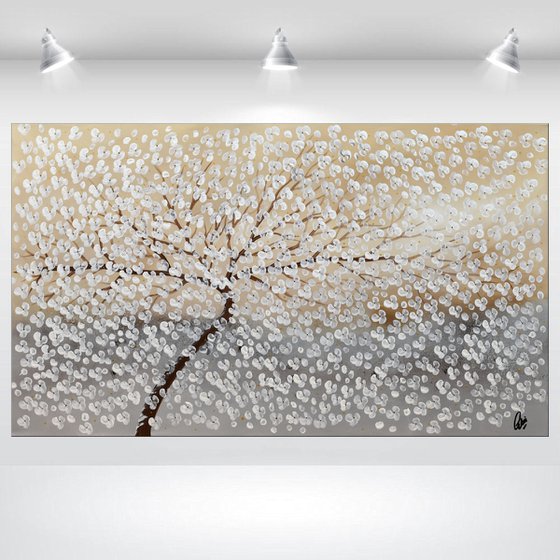 Flying White II  acrylic abstract painting cherry blossoms nature painting , stretched canvas wall art