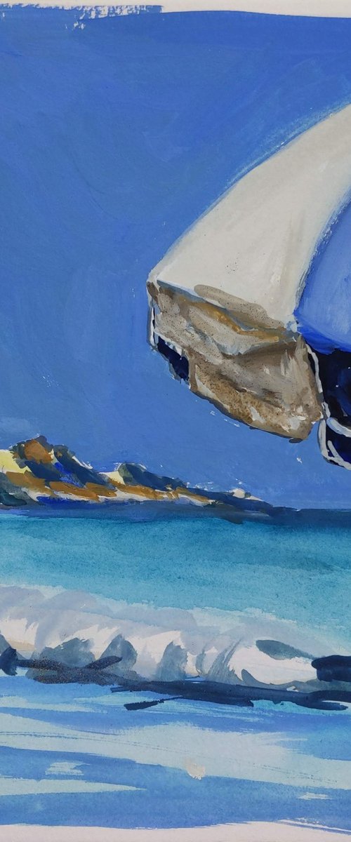 Umbrella on the beach of Corfu island - Corfu island - original watercolor painting - seascape painting - waves by Anna Brazhnikova