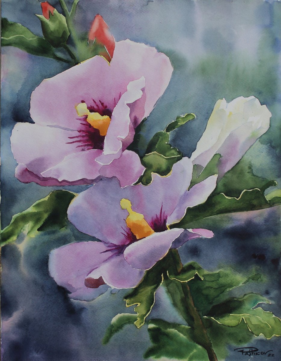 Impressionistic Botanical Watercolour By Yurii Pashkov, 15 X 20", Pink Hibiscus, Original Artwork