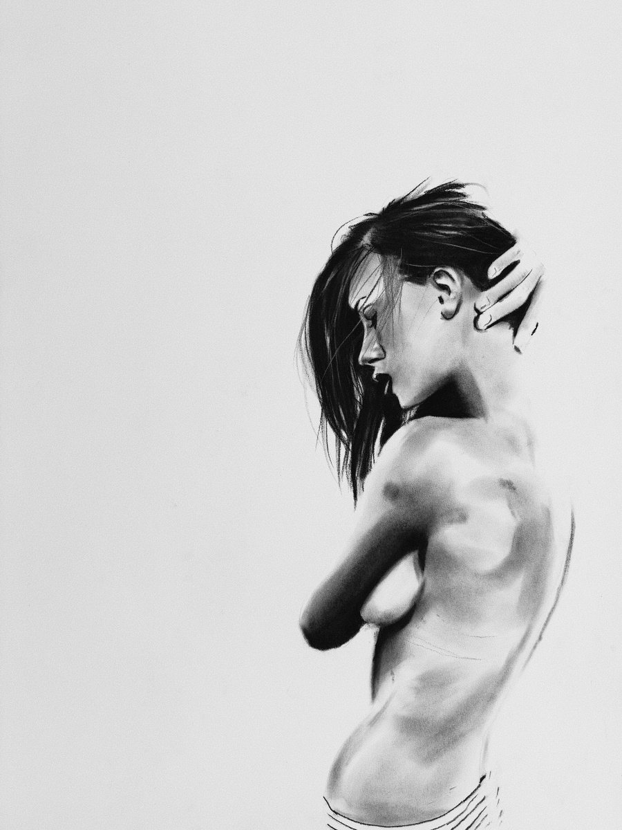 Photorealistic Portrait Charcoal Drawing By Denny Stoekenbroek, 20 X 26, Vulnerability, Original Artwork