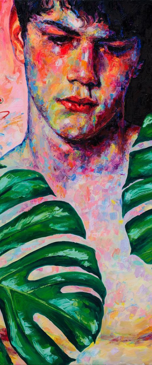 Sad Boy with Monstera Leaves by Oleksandr Balbyshev