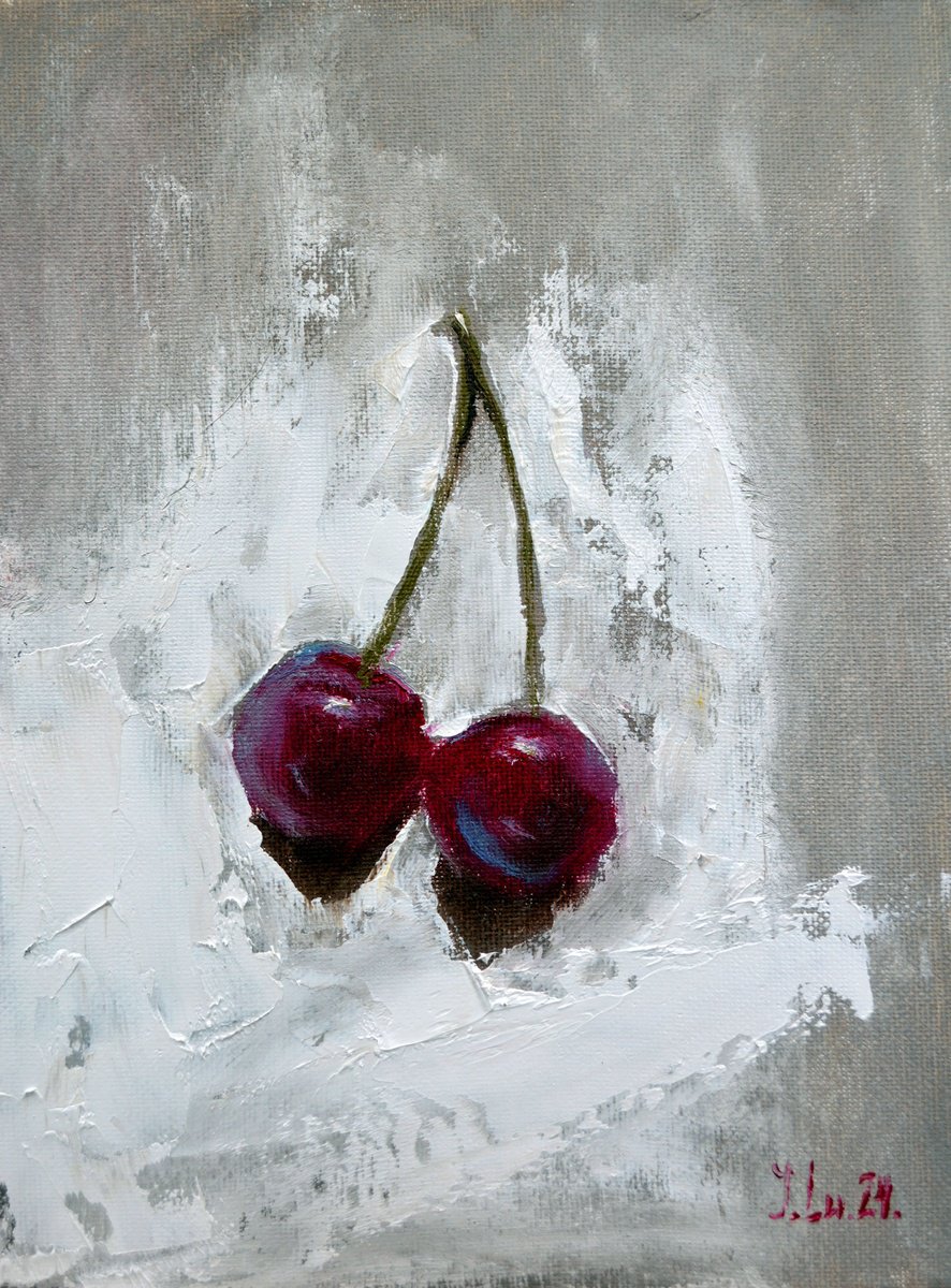 Expressive Still Life Oil Painting By Elena Lukina, 7 X 9, Cherries, Original Artwork