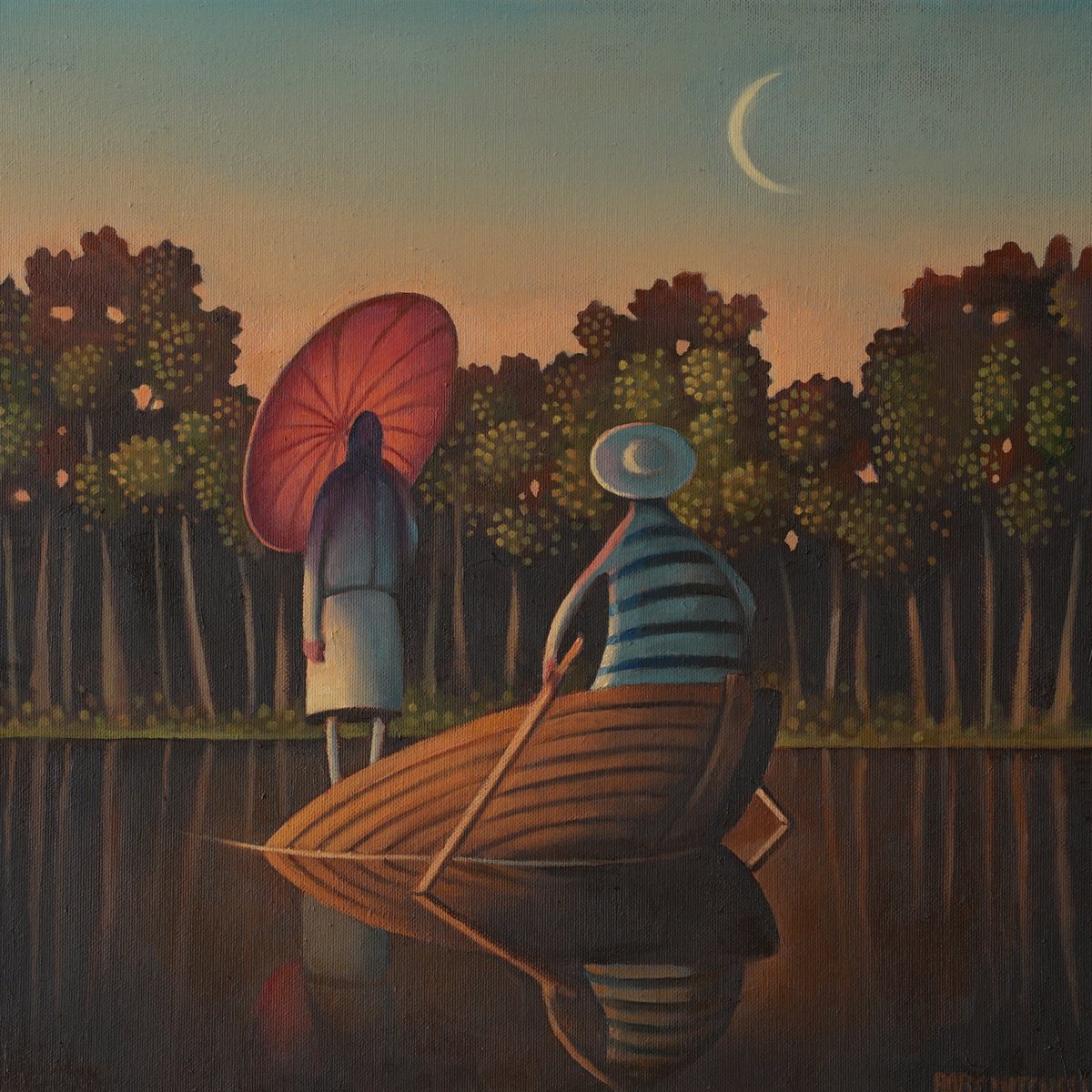 Naive Portrait Oil Painting By Rory Mitchell, 16 X 16", Wet Feet, Original Artwork