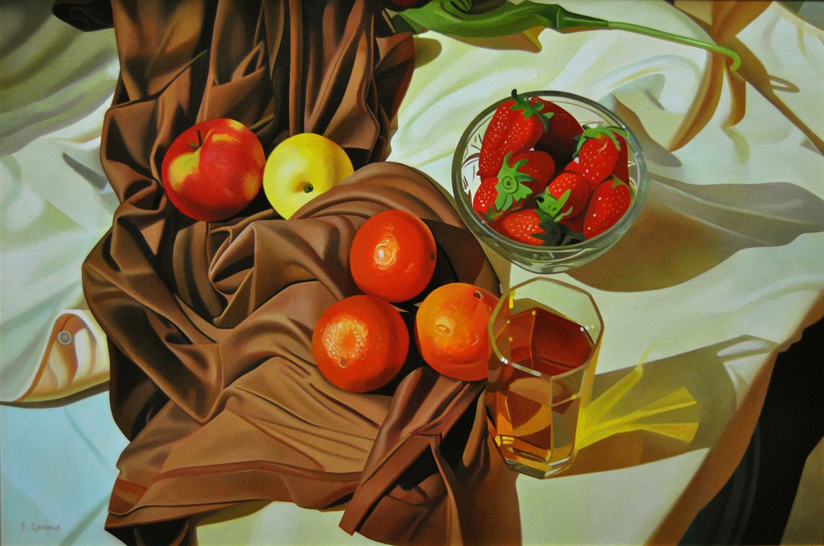 Photorealistic Still Life Oil Painting By Valeri Tsvetkov, 24 X 16", Still Life With Strawberries, Original Artwork