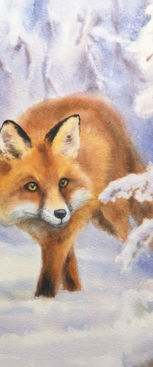 Fox in the Winter Forest - War by Olga Beliaeva Watercolour