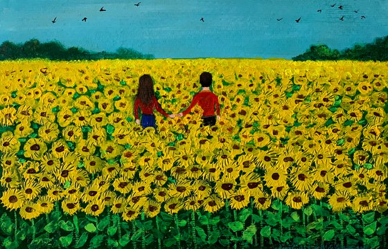 Couple in sunflower field! A4 Painting on paper