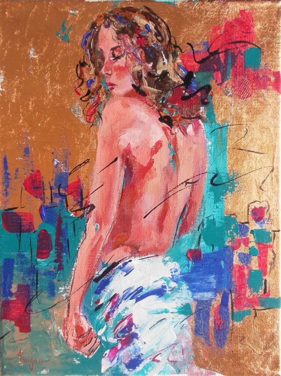 Rebecca in Copper -woman acrylic painting on canvas by Antigoni Tziora