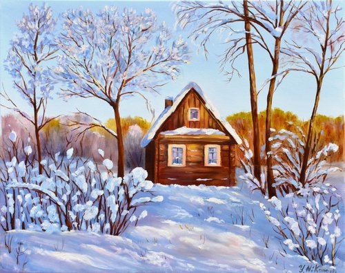 A Log Cabin in Winter by Yulia Nikonova
