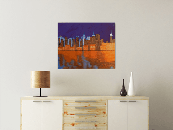 Midnight on the Hudson - New York cityscape on Hudson river evening reflections; home, office decor; gift idea