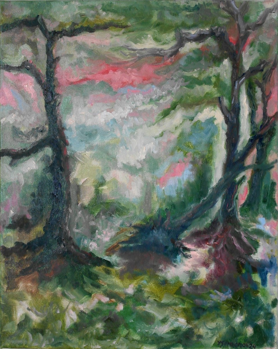 Expressive Abstract Oil Painting By Juri Semjonov, 16 X 20", Old Forest #10, Original Artwork