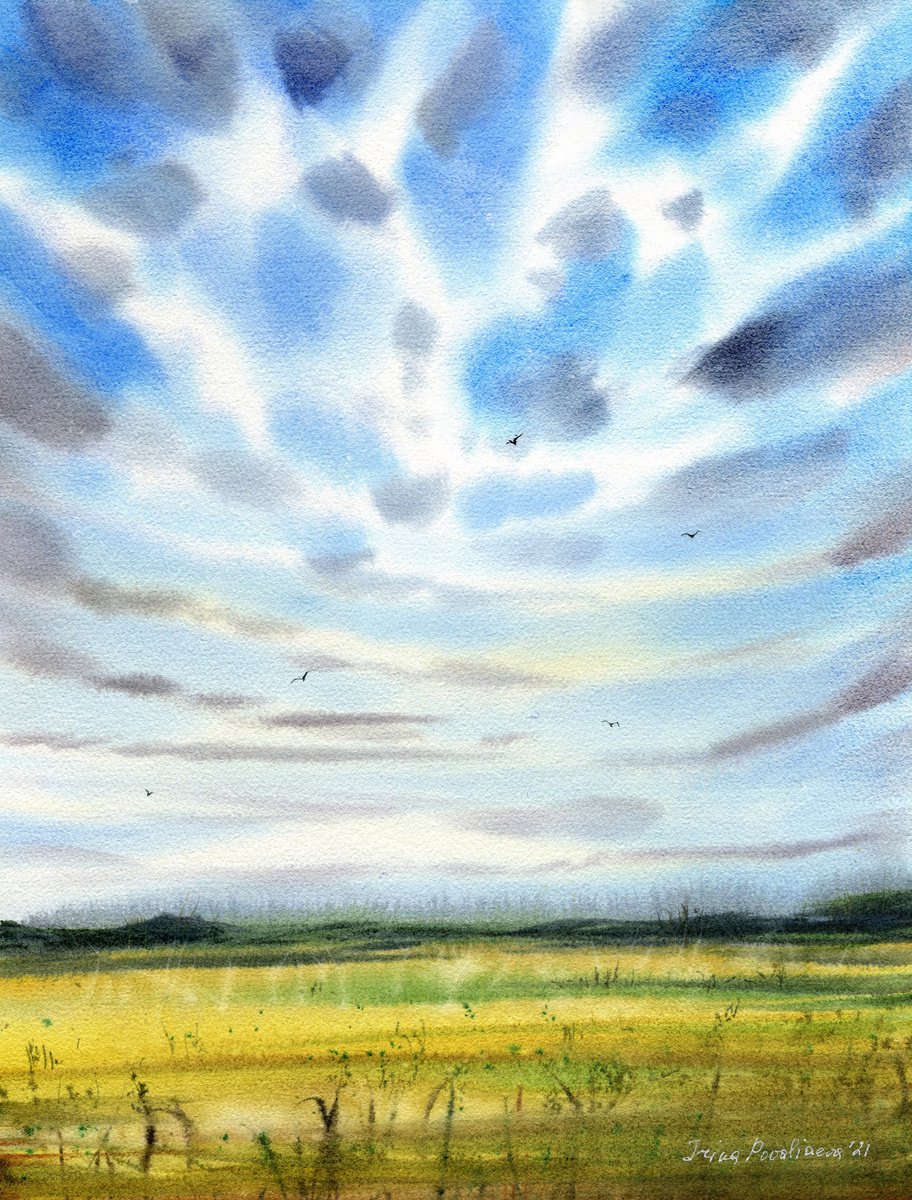 Cloud panoramic original watercolor painting with sky and field, decor for bedroom and liv... by Irina Povaliaeva