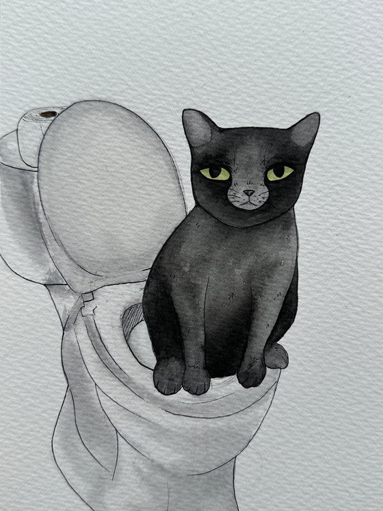 Black Cat on Toilet Watercolor Painting, Funny Cat Art, Funny Animal Art, Watercolour Cat Art, Cute Black Cat Original Artwork, Kawaii Cat, Cat Painting,