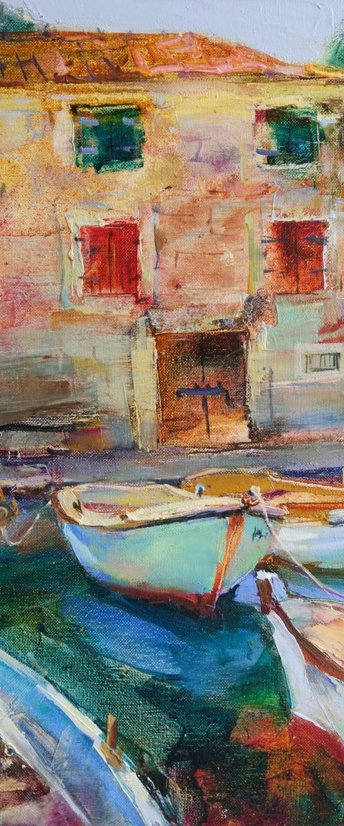 Boats in the old town of Montenegro. Original oil painting by Helen Shukina