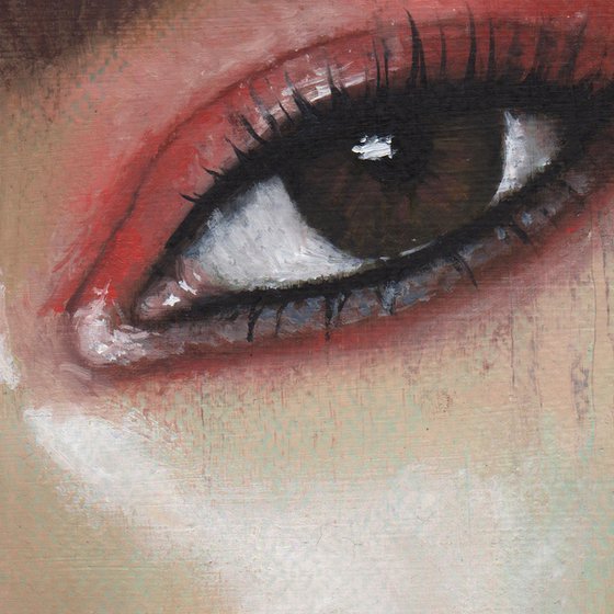 Lauren - beauty oil painting of women female on paper grey and orange tones makeup closeup