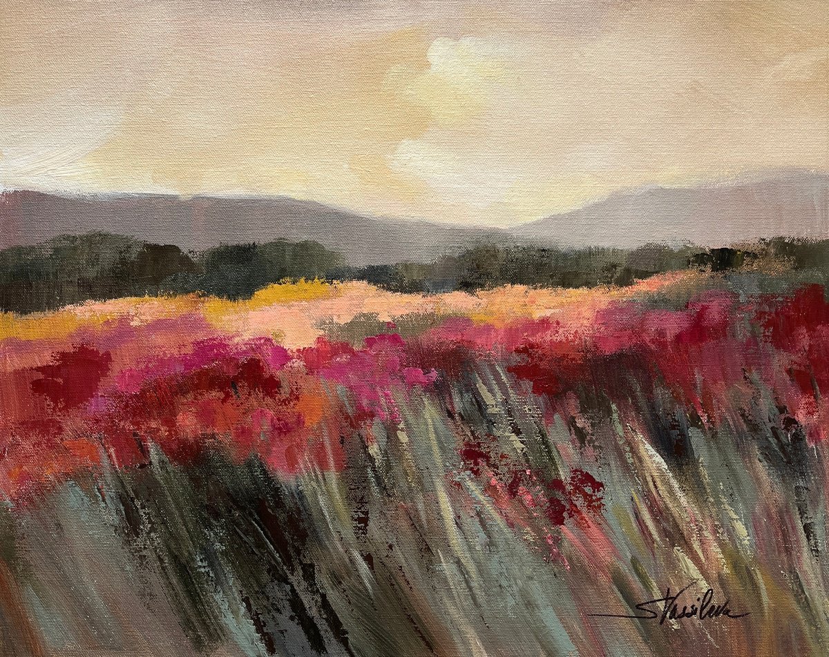 Impressionistic Landscape Acrylic Painting By Silvia Vassileva, 20 X 16", Coral And Magenta Meadow, Original Artwork