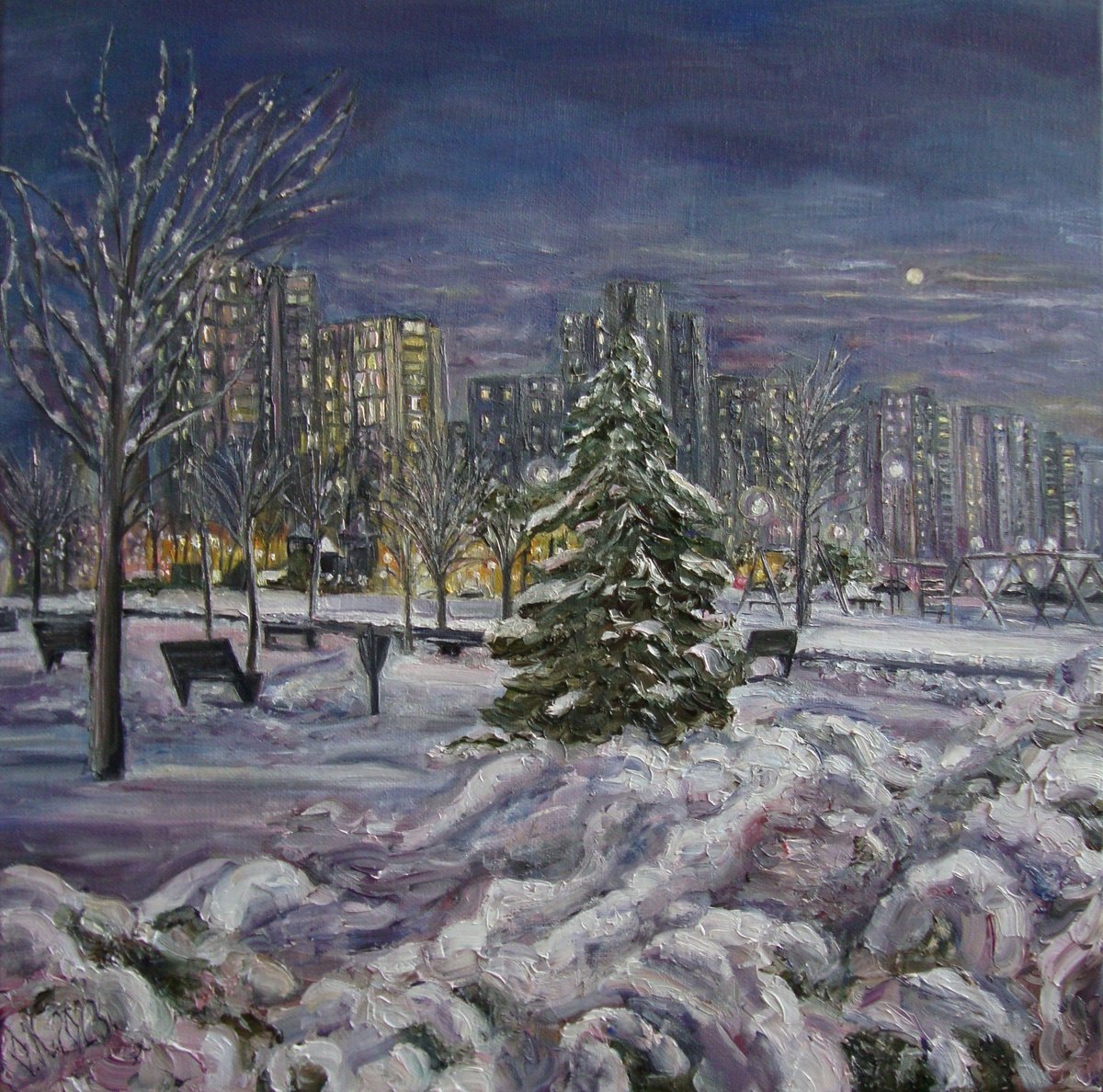 Impressionistic Cityscapes Oil Painting By Olga Knezevic, 1 X 1", Winter Fairytale, Original Artwork