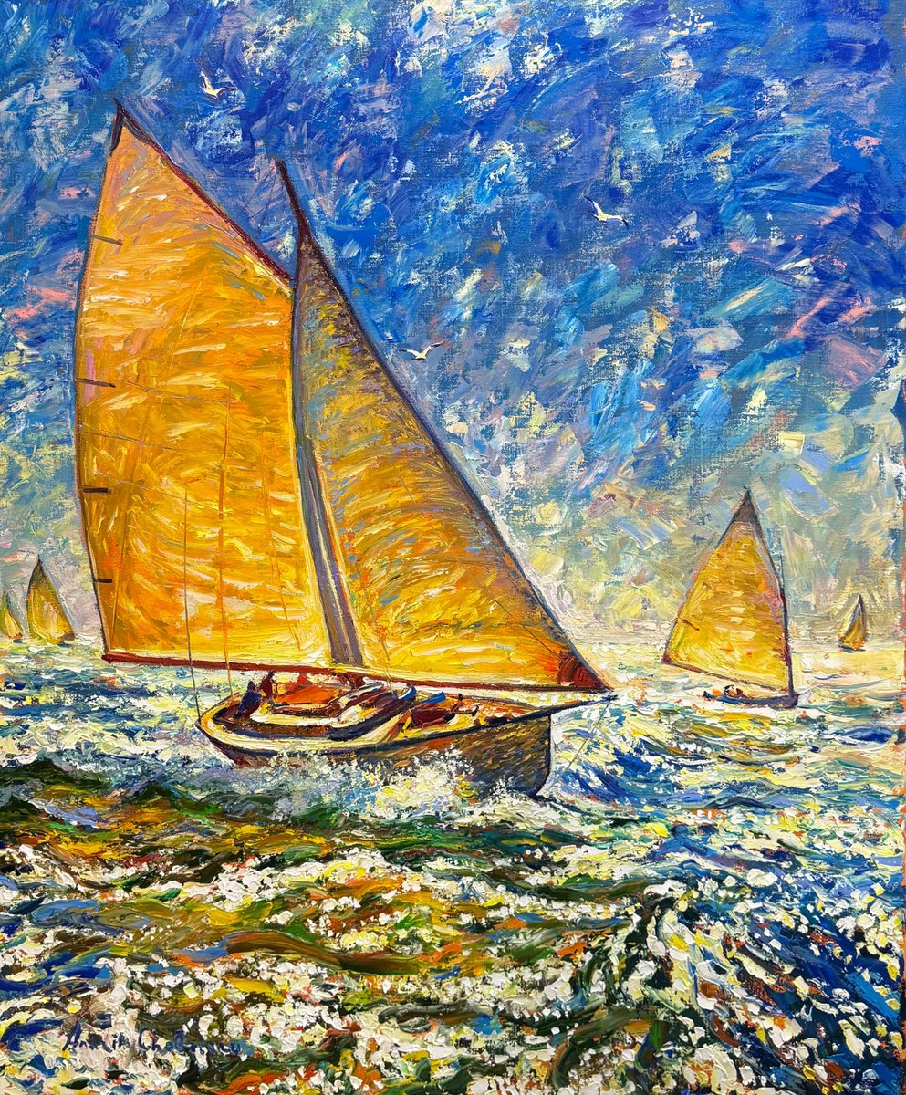 Impressionistic Landscape Oil Painting By Andrii Chebotaru, 39 X 47, Sails Of Freedom.., Original Artwork
