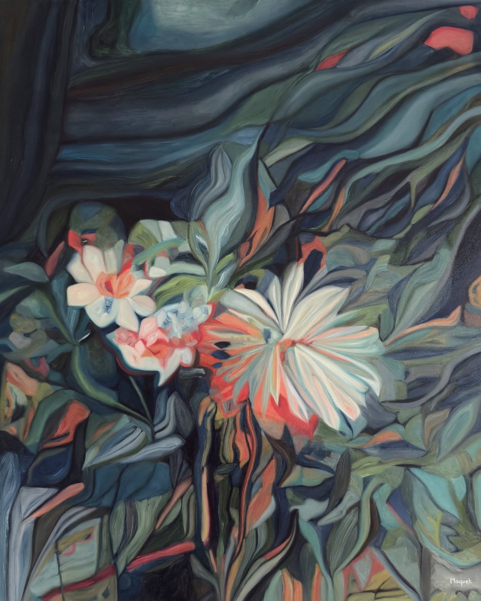 Organic Botanical Oil Painting By Nathalie Maquet, 32 X 39", Bouquet 40, Original Artwork