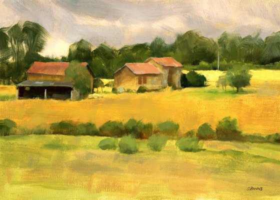 Rural French countryside, field trees and outbuildings