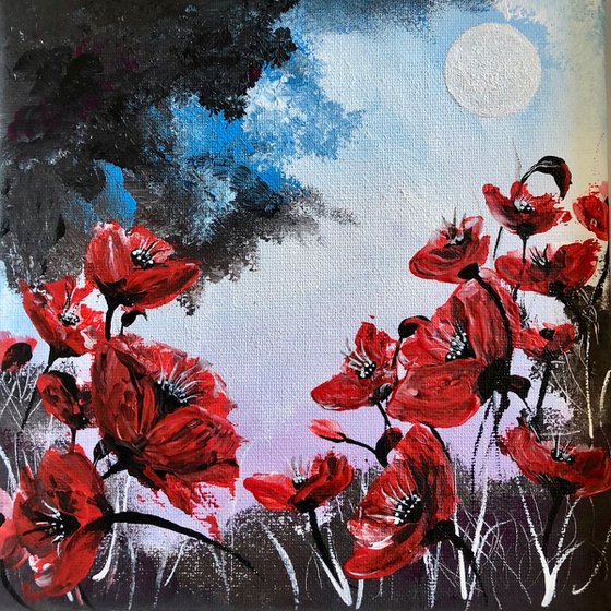 Red poppies under a blue stormy sky