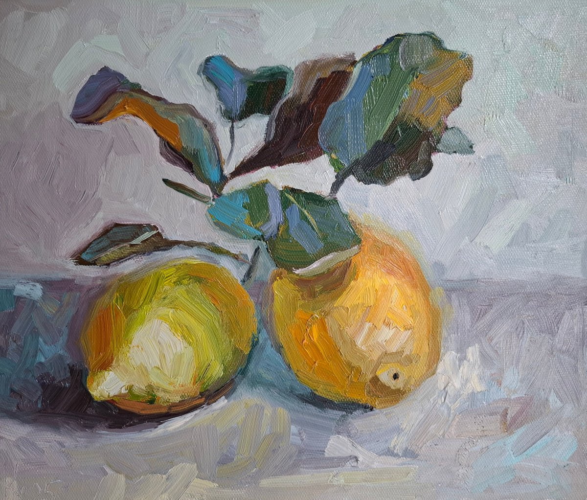 Impressionistic Still Life Oil Painting By Olena Kolotova, 12 X 10", Sunny Lemon Golden Fruit, Original Artwork