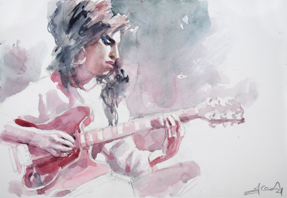 Expressive Portrait Watercolour By Goran Zigolic Watercolors, 20 X 14, Amy In A Mood For Music, Original Artwork