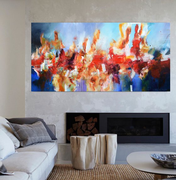 Abstract large painting - Big Bang - red, blue and yellow long abstract painting