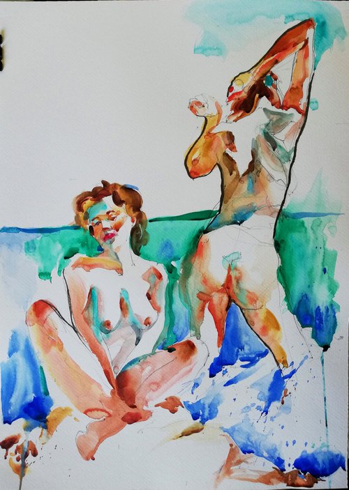 Bathers by the Green Sea, 55.5 x 40 cm by Jelena Djokic