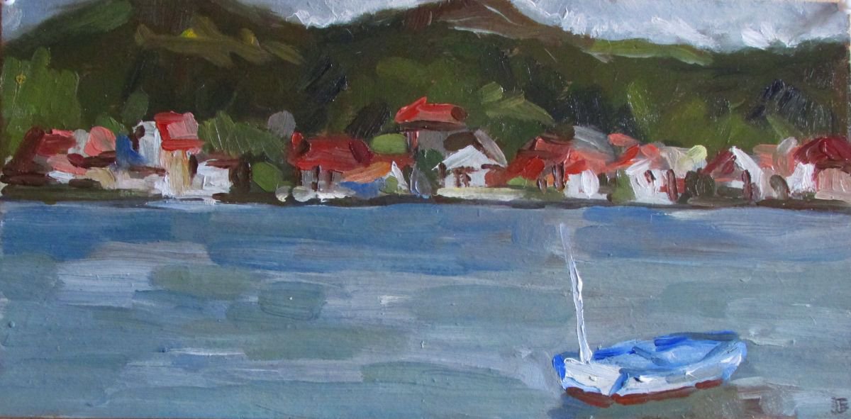 Impressionistic Landscape Oil Painting By Kateryna Bortsova, 17 X 9", Lonely Boat, Original Artwork