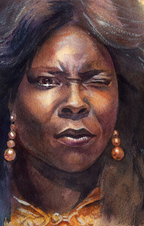 Watercolor portrait of Whoopi Goldberg from the Ghost movie by SVITLANA LAGUTINA