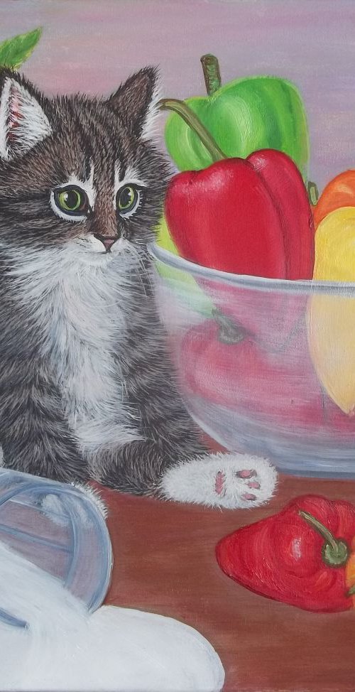 Spilled milk, Kitten on a kitchen table by Sofya Mikeworth