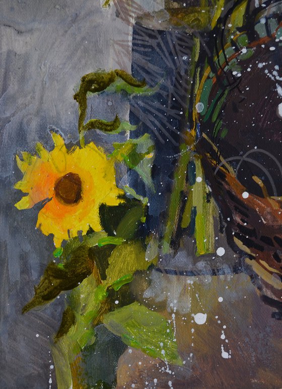 Sunflowers with wooden peacock