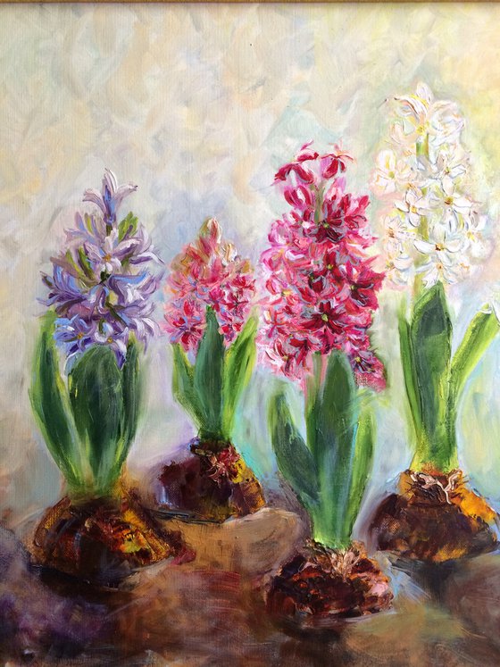 Flowers oil painting - Floral original artwork - Hyacinths framed canvas - Gift idea for woman